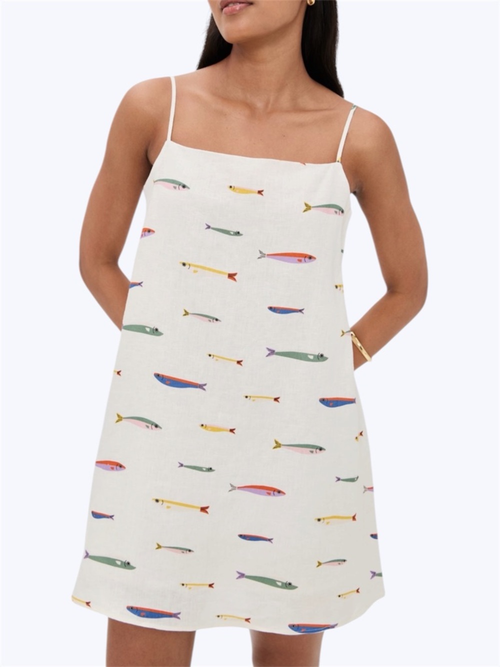 STAUD Laura Linen Mini Dress Fish Sardine Colorful Print